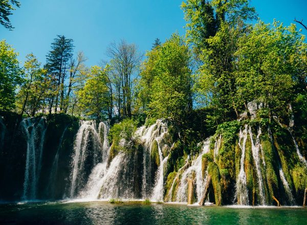 Waterfall in the national park Plitvice Lakes, Croatia. Waterfall in the forest.